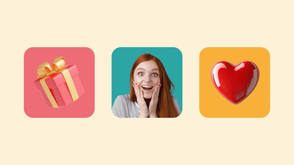 Brand moodboard: a wrapped gift, a delighted face and a glossy red heart