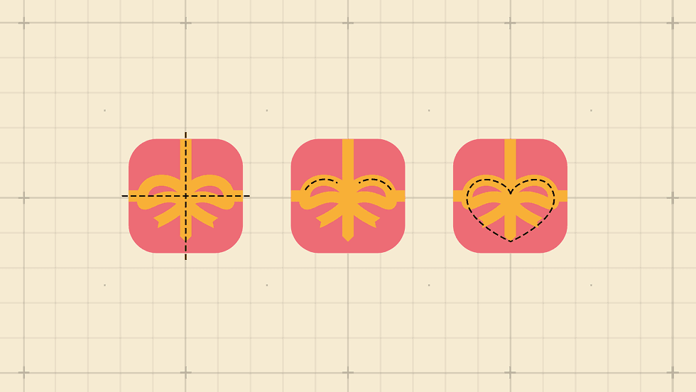 The gift-and-bow mark drawn out on its construction grid