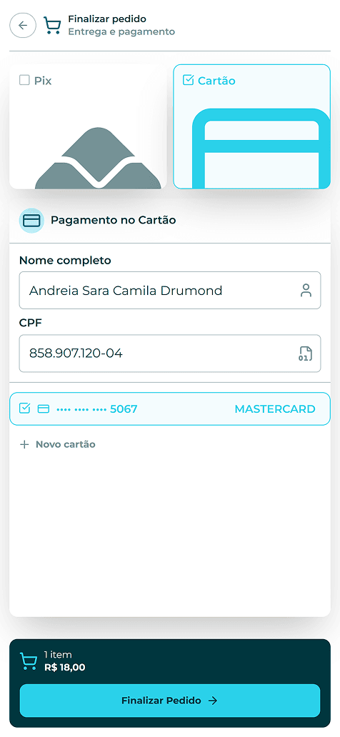 Checkout with Pix or card, name and CPF fields, and a saved card