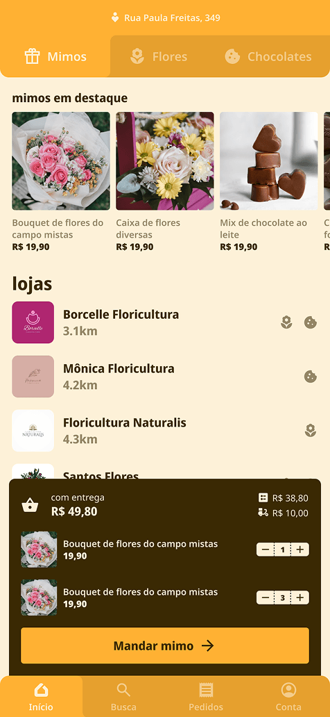 The bag open over the catalog, with quantity steppers and the total including delivery
