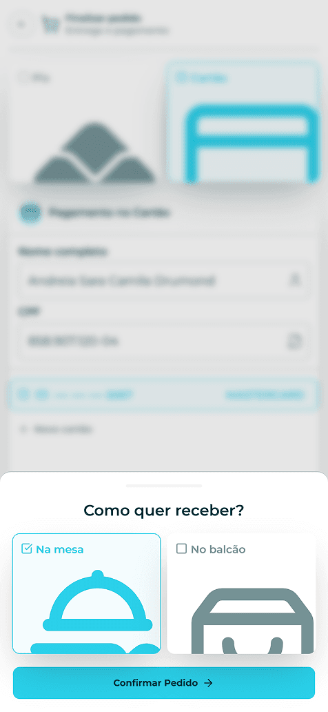 A sheet asking whether the order should come to the table or the counter