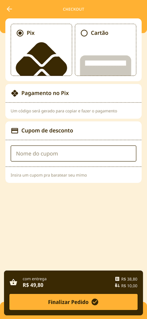 Checkout with Pix or card, a coupon field and the order total