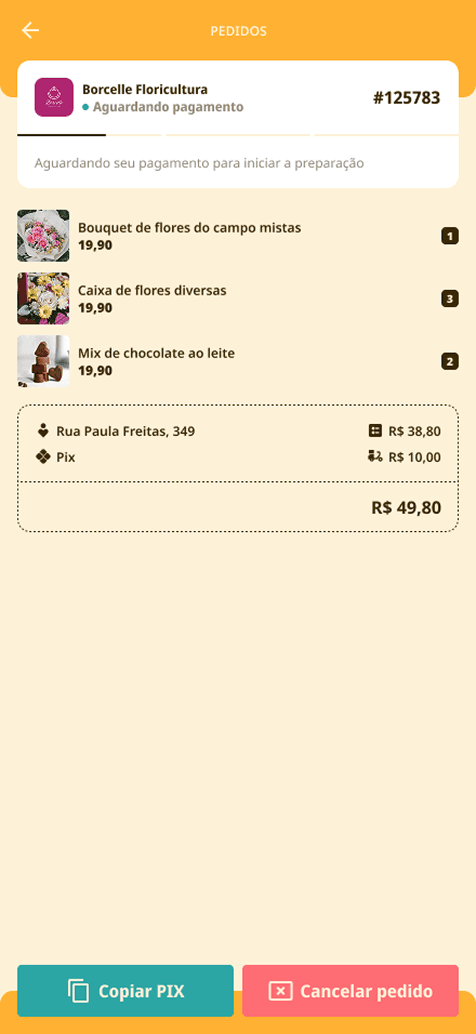 One order awaiting payment, with its items, address and a button to copy the Pix code