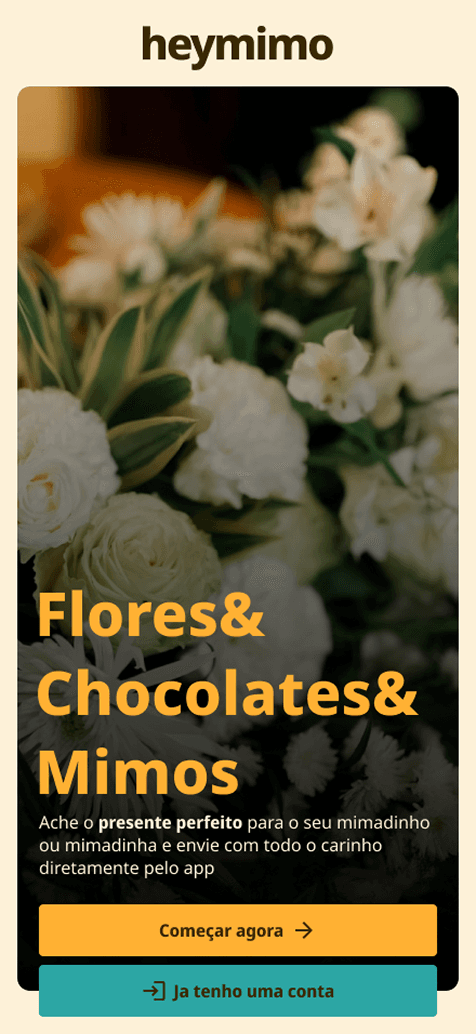 The heymimo welcome screen, offering flowers, chocolates and gifts
