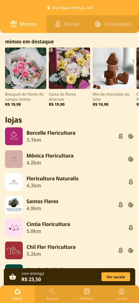 The home feed: featured gifts, and nearby florists listed with their distance