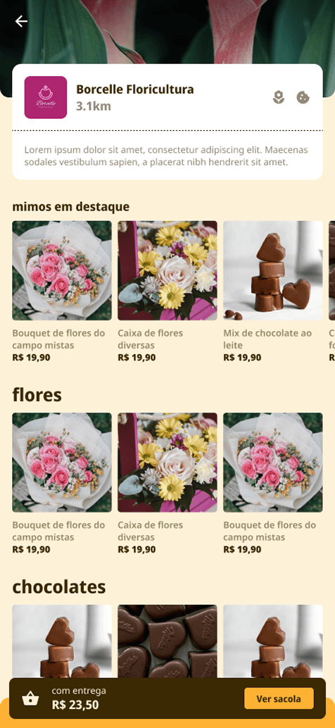 A florist's page inside the app, with featured gifts, flowers and chocolates