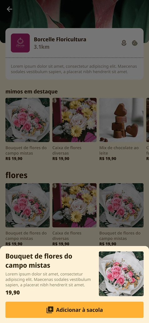 A product sheet open over the florist's page, with its price and an add-to-bag button