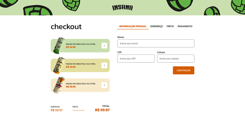 Insana's custom checkout, with the cart, the steps and the total