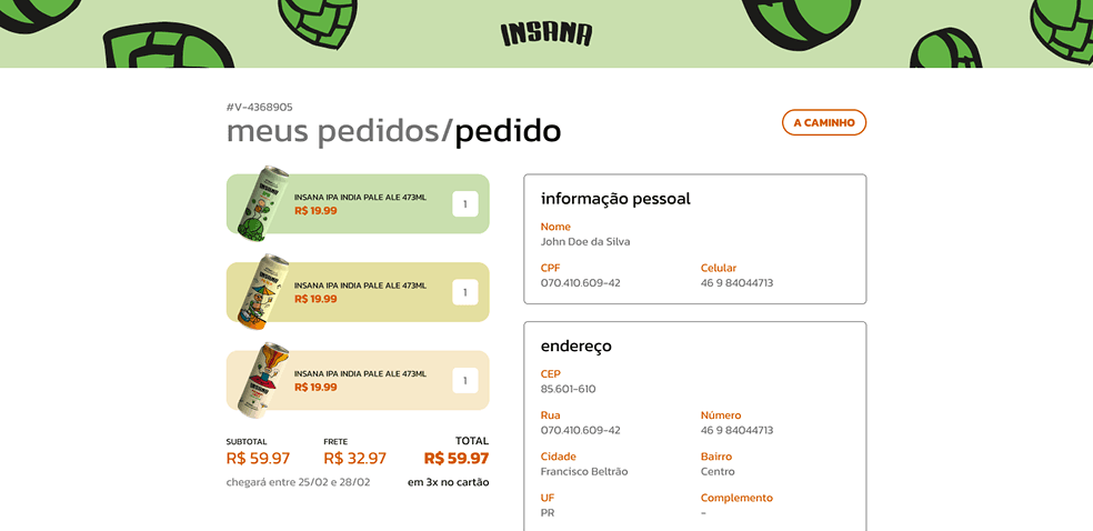 Order tracking on Insana, showing a shipment on its way