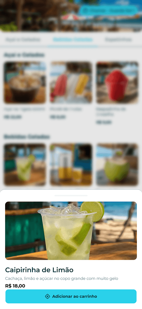 A drink's sheet over the menu, with its description, price and add-to-cart button