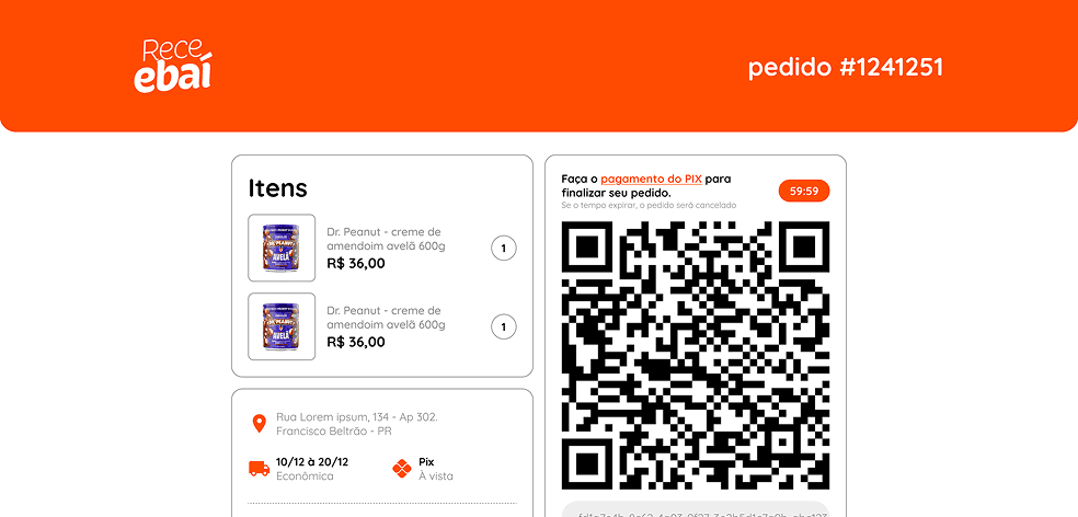 A confirmed Receebaí order with its Pix QR code, address and delivery window