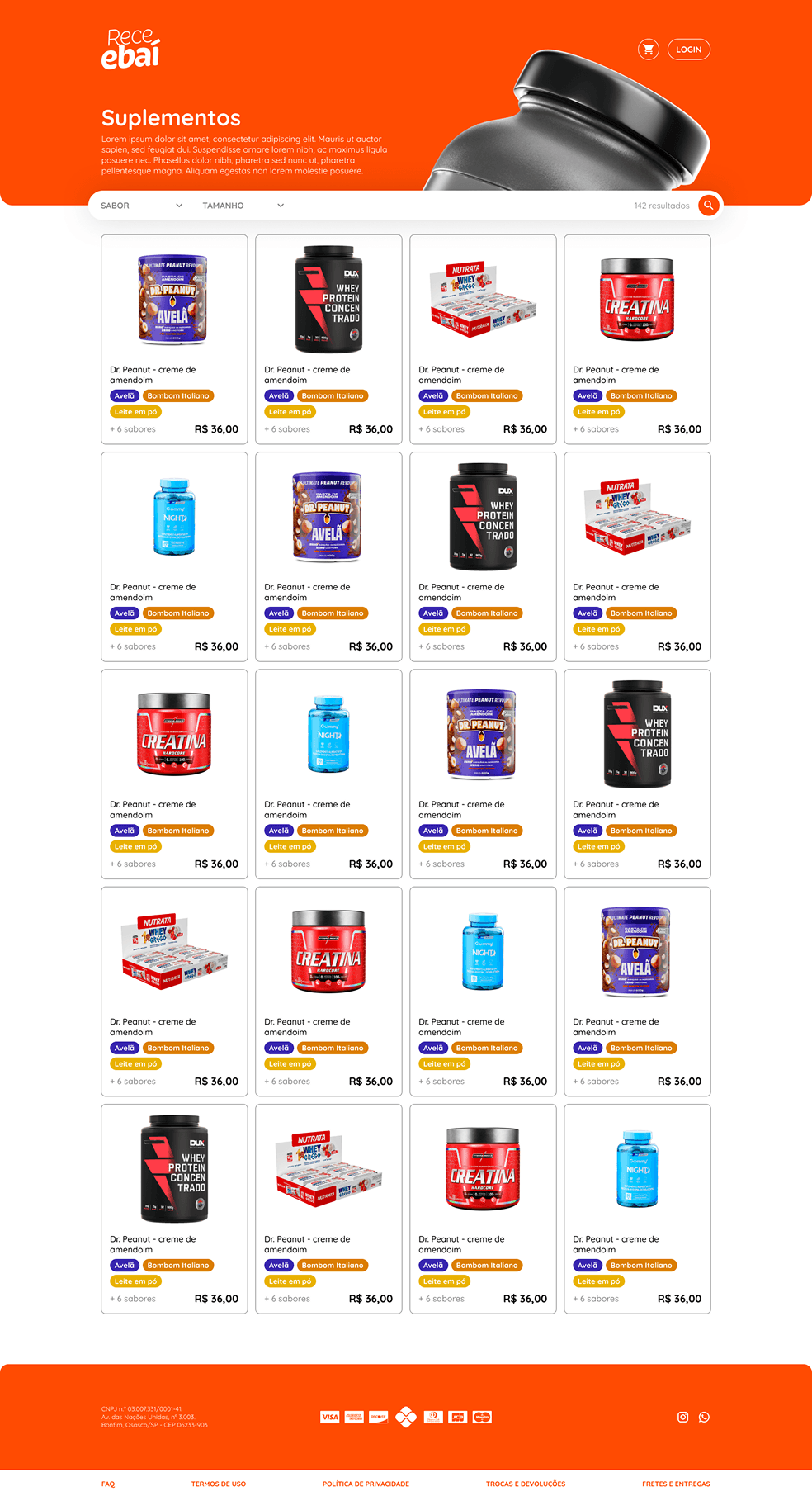The supplements category on Receebaí, with its filters and product grid