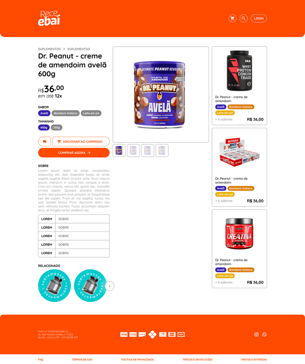 A Receebaí product page, with flavour and size options and related items