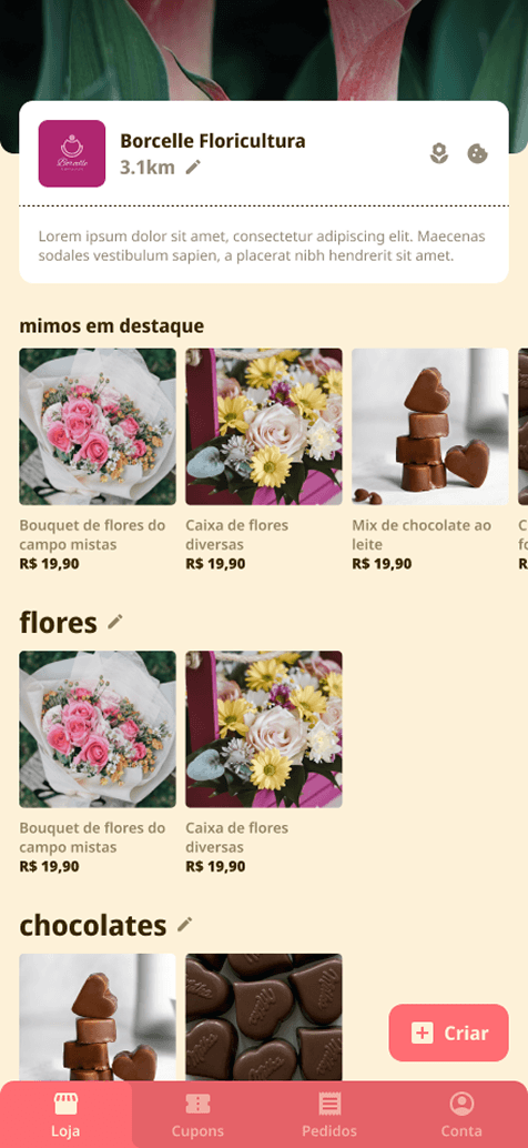 The same app logged in as a store: an editable catalog, in the store side's pink
