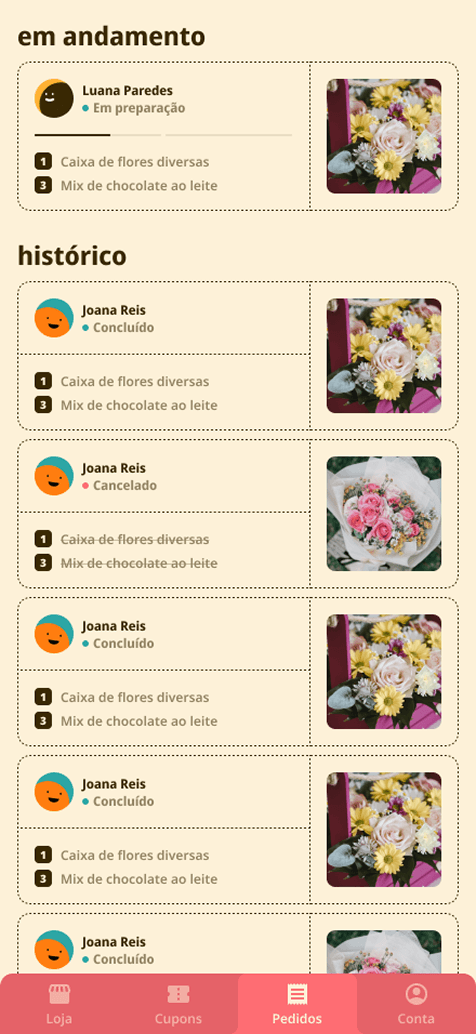 Incoming orders on the store side, listed by customer and status