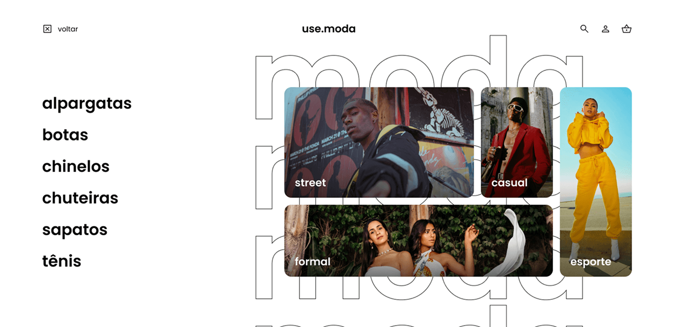 use.moda's menu, a category list beside a grid of style tiles