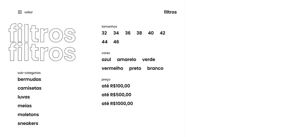 The filters panel: sizes, colours, sub-categories and price