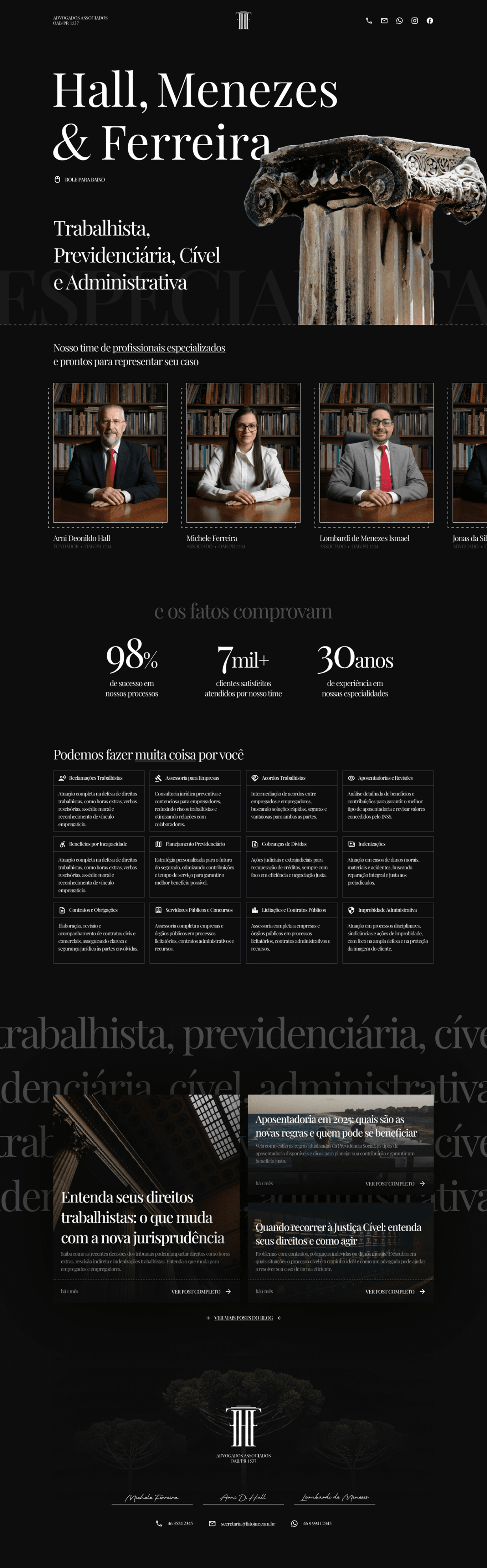 The firm's homepage: the name over a Greek column, then practice areas, partners and results